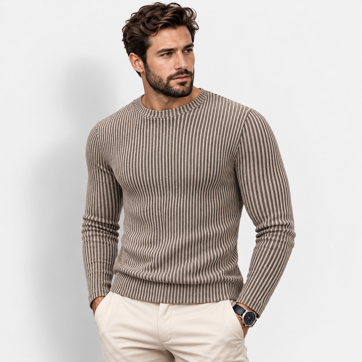 Men’s Ribbed Jacquard Knit Sweater – Casual Spring & Autumn Top