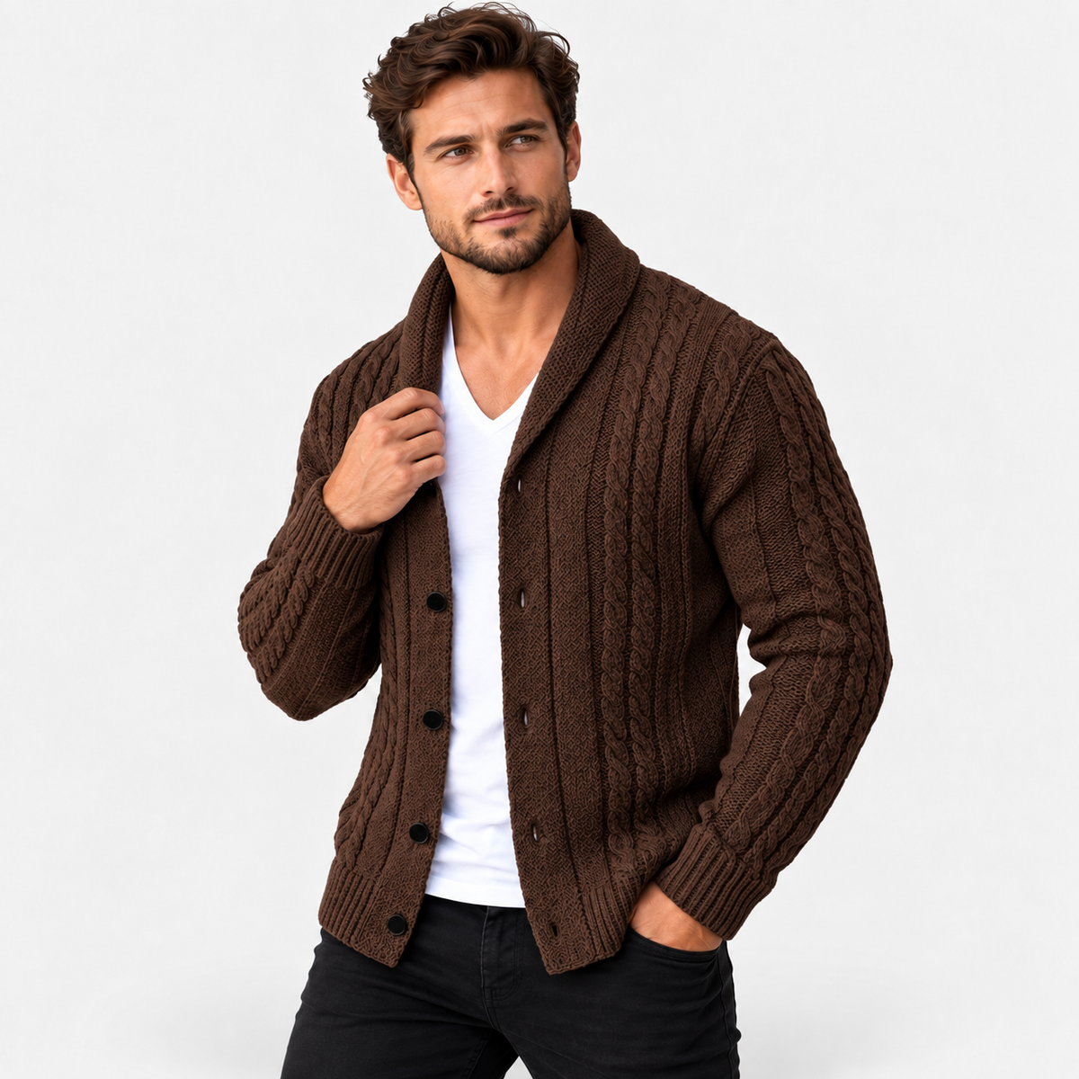 Men’s Cable Knit Button Cardigan – Warm Casual Autumn & Winter Sweater