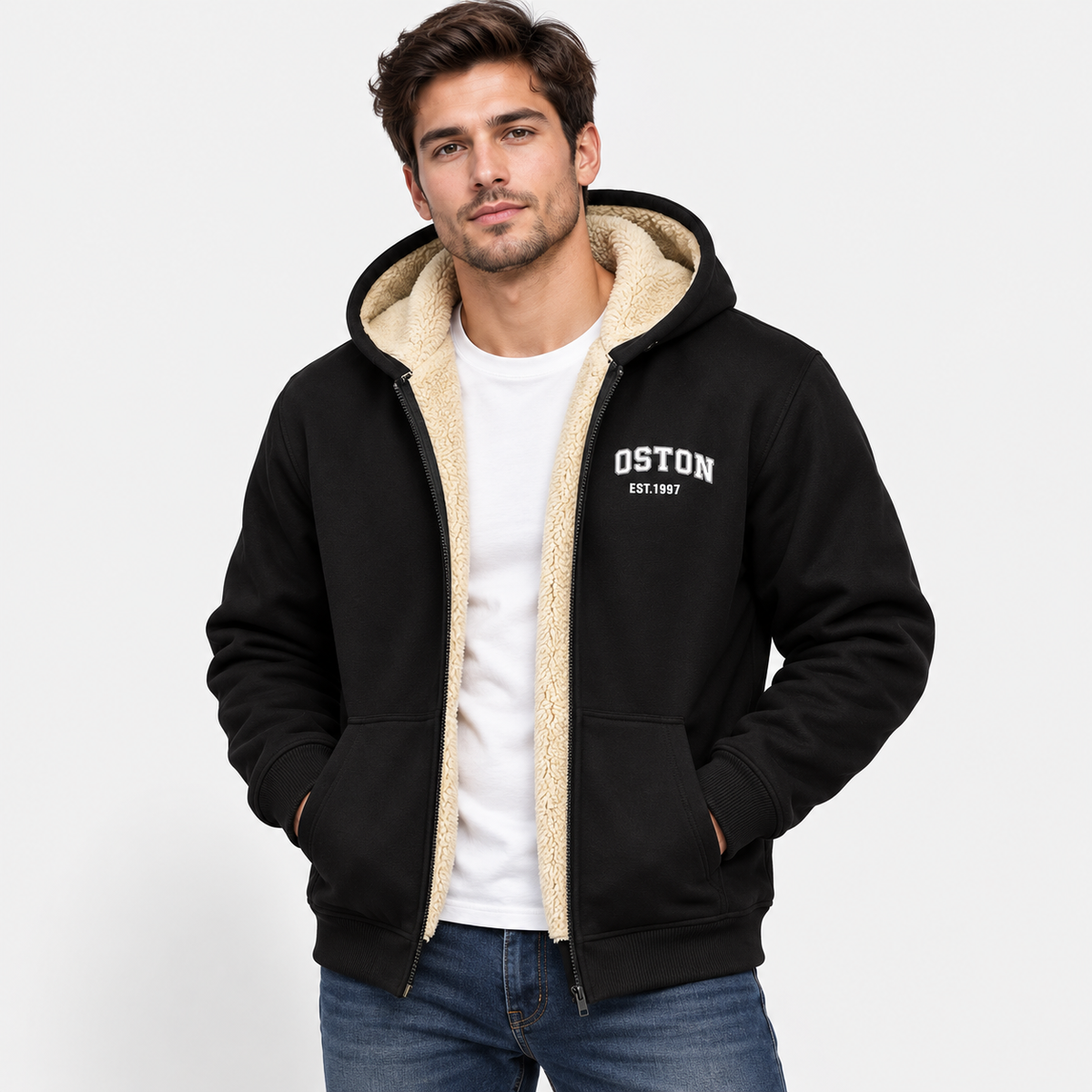 Men’s Contrast Hooded Zip-Up Jacket – Casual Letter Print Coat