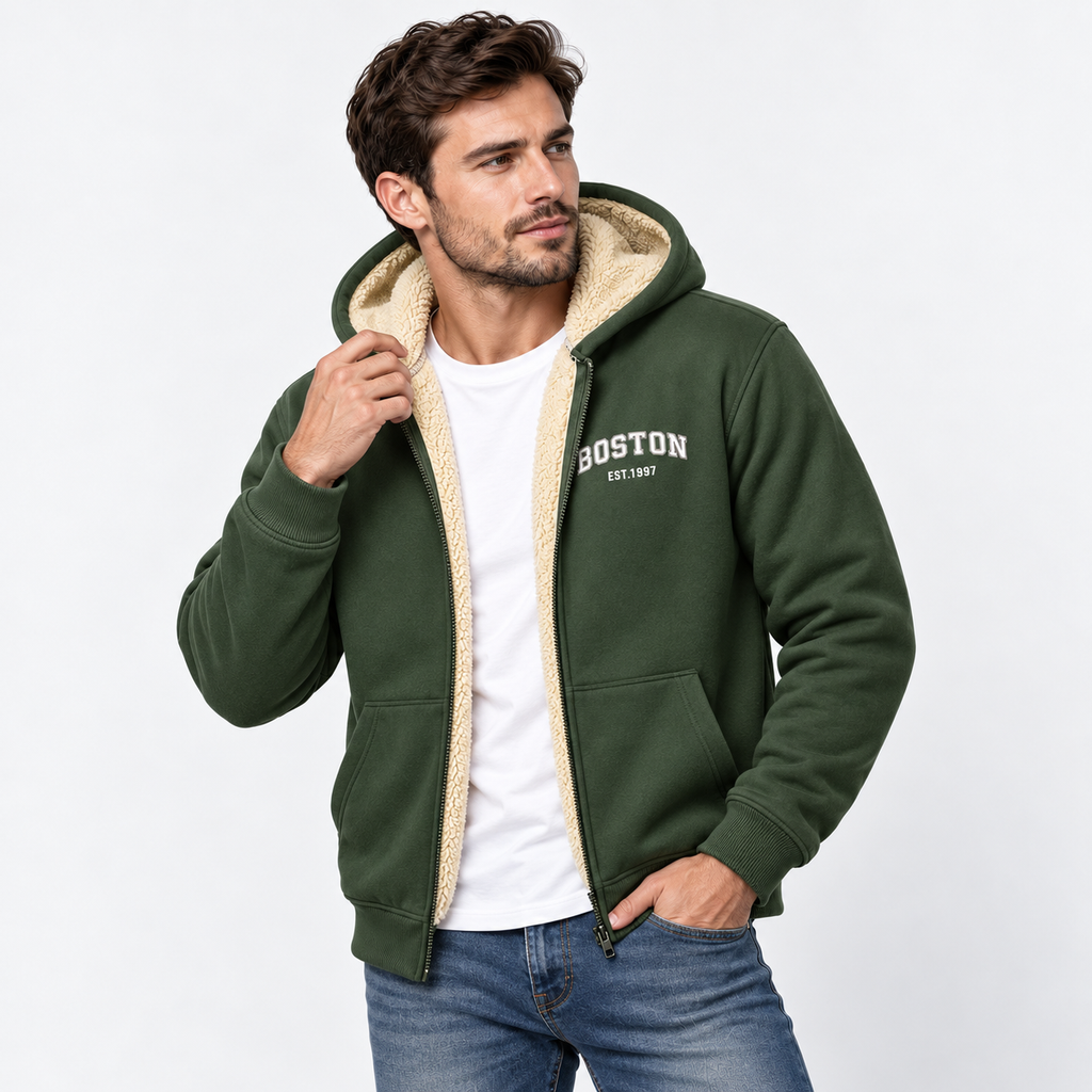 Men’s Contrast Hooded Zip-Up Jacket – Casual Letter Print Coat