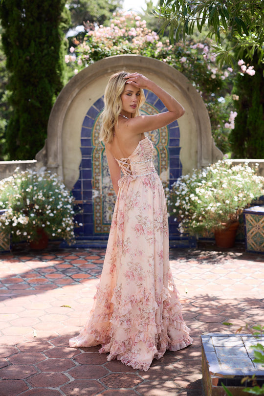 Alexa | Halter maxi jurk pofrok bloemen parel detail