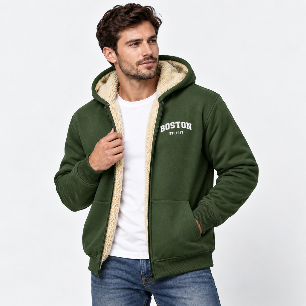 Men’s Contrast Hooded Zip-Up Jacket – Casual Letter Print Coat