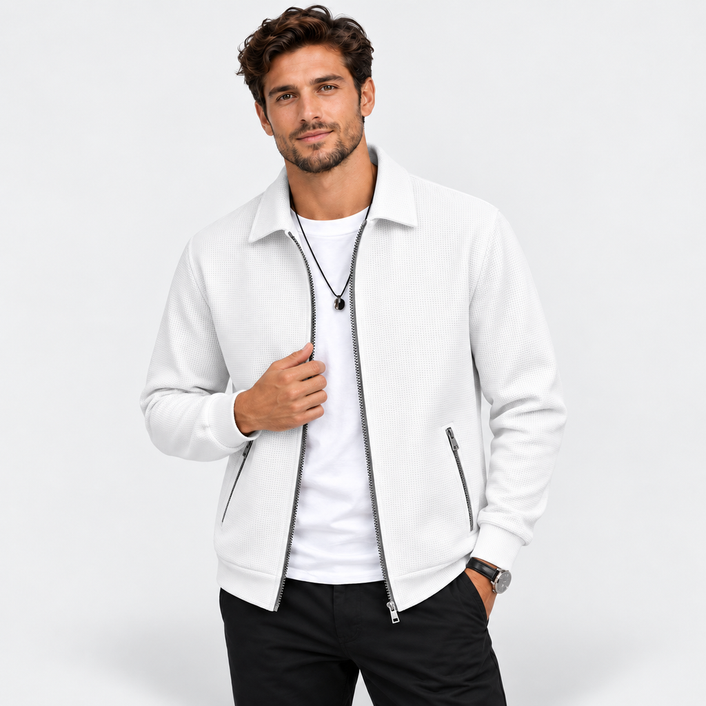 Men’s Waffle Full-Zip Jacket – Lightweight Casual Athletic Lapel Coat