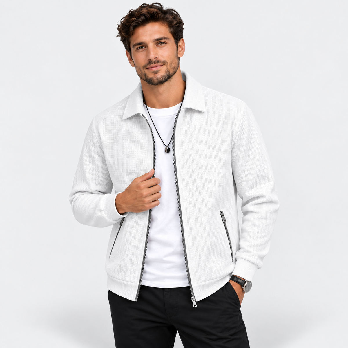 Men’s Waffle Full-Zip Jacket – Lightweight Casual Athletic Lapel Coat