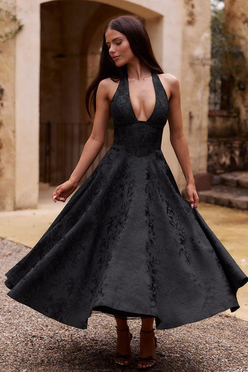 Genevieve | Halter jacquard maxi jurk v-hals elegant chic
