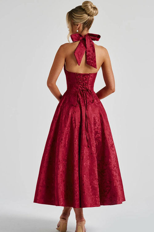 Genevieve | Halter jacquard maxi jurk v-hals elegant chic