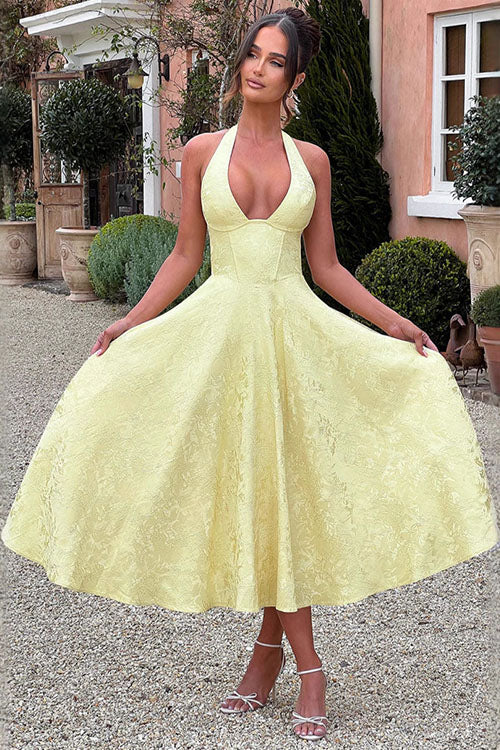 Genevieve | Halter jacquard maxi jurk v-hals elegant chic
