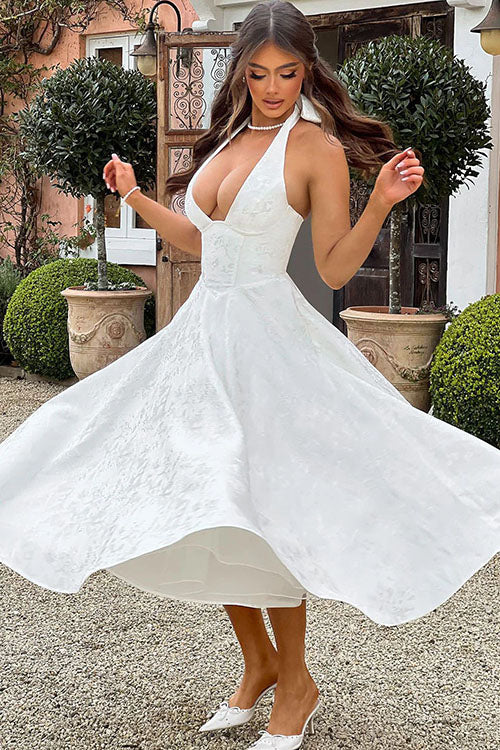 Genevieve | Halter jacquard maxi jurk v-hals elegant chic