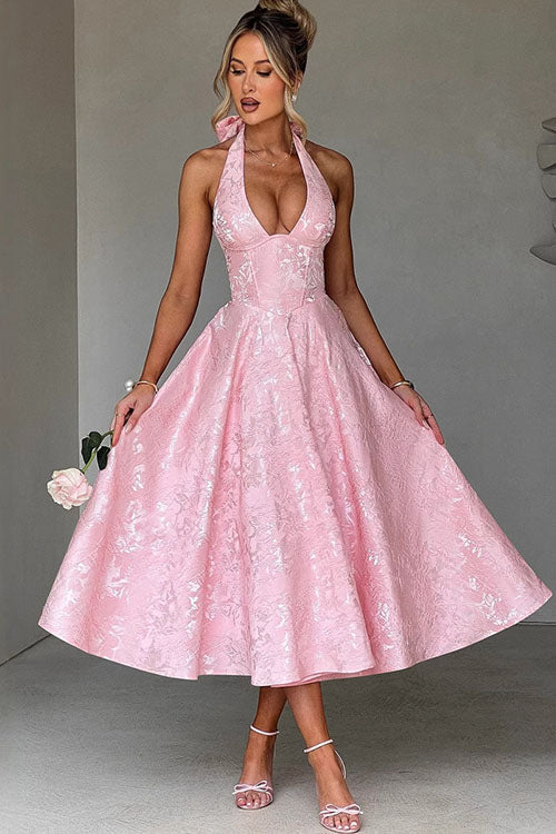 Genevieve | Halter jacquard maxi jurk v-hals elegant chic