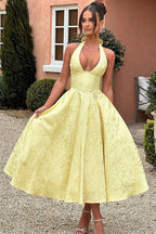 Genevieve | Halter jacquard maxi jurk v-hals elegant chic