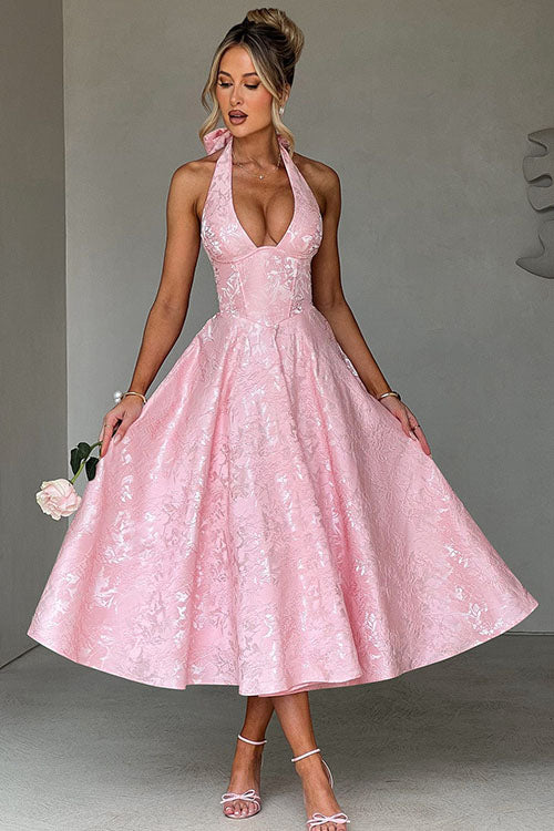 Genevieve | Halter jacquard maxi jurk v-hals elegant chic