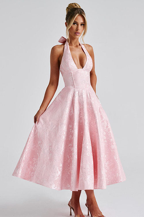Genevieve | Halter jacquard maxi jurk v-hals elegant chic