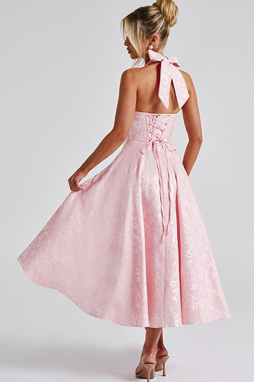 Genevieve | Halter jacquard maxi jurk v-hals elegant chic