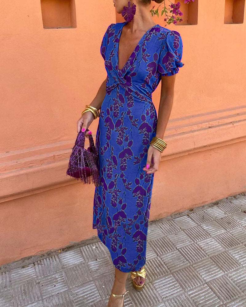 Deva | bloemenprint midi jurk v-hals zomer casual