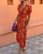 Deva | bloemenprint midi jurk v-hals zomer casual