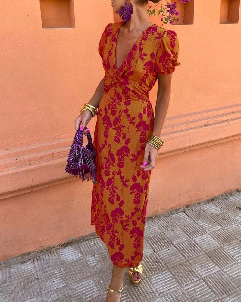 Deva | bloemenprint midi jurk v-hals zomer casual