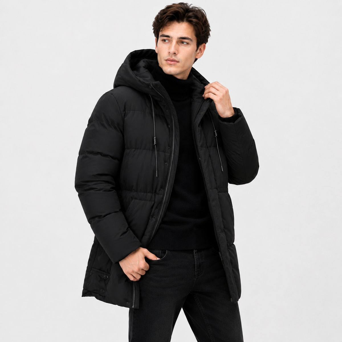 Men’s Hooded Mid-Length Jacket – Warm Zip-Up Casual Coat