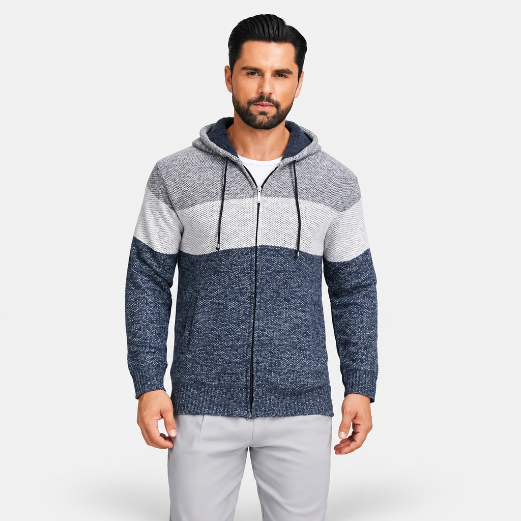Men’s Color Block Zip-Up Fleece Hoodie – Casual Warm Cardigan Jacket