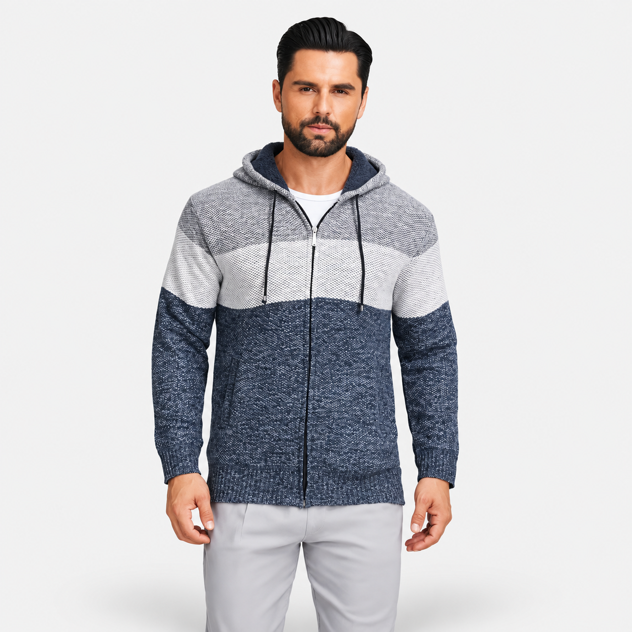 Men’s Color Block Zip-Up Fleece Hoodie – Casual Warm Cardigan Jacket