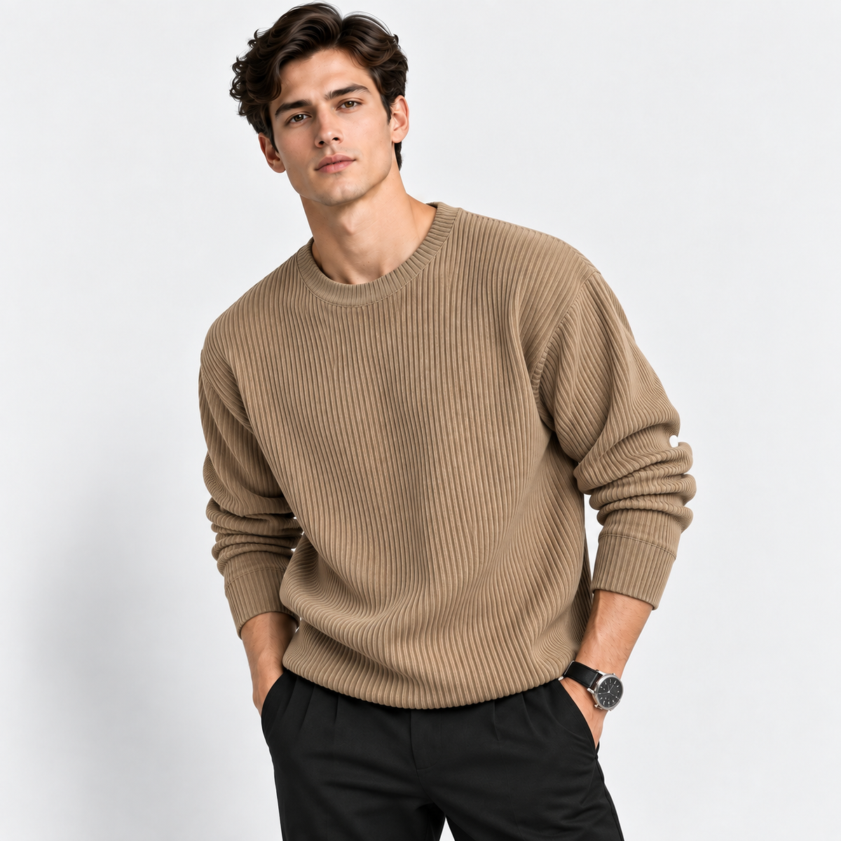 Men’s Ribbed Knit Crew Neck Pullover – Casual Long Sleeve Sweater