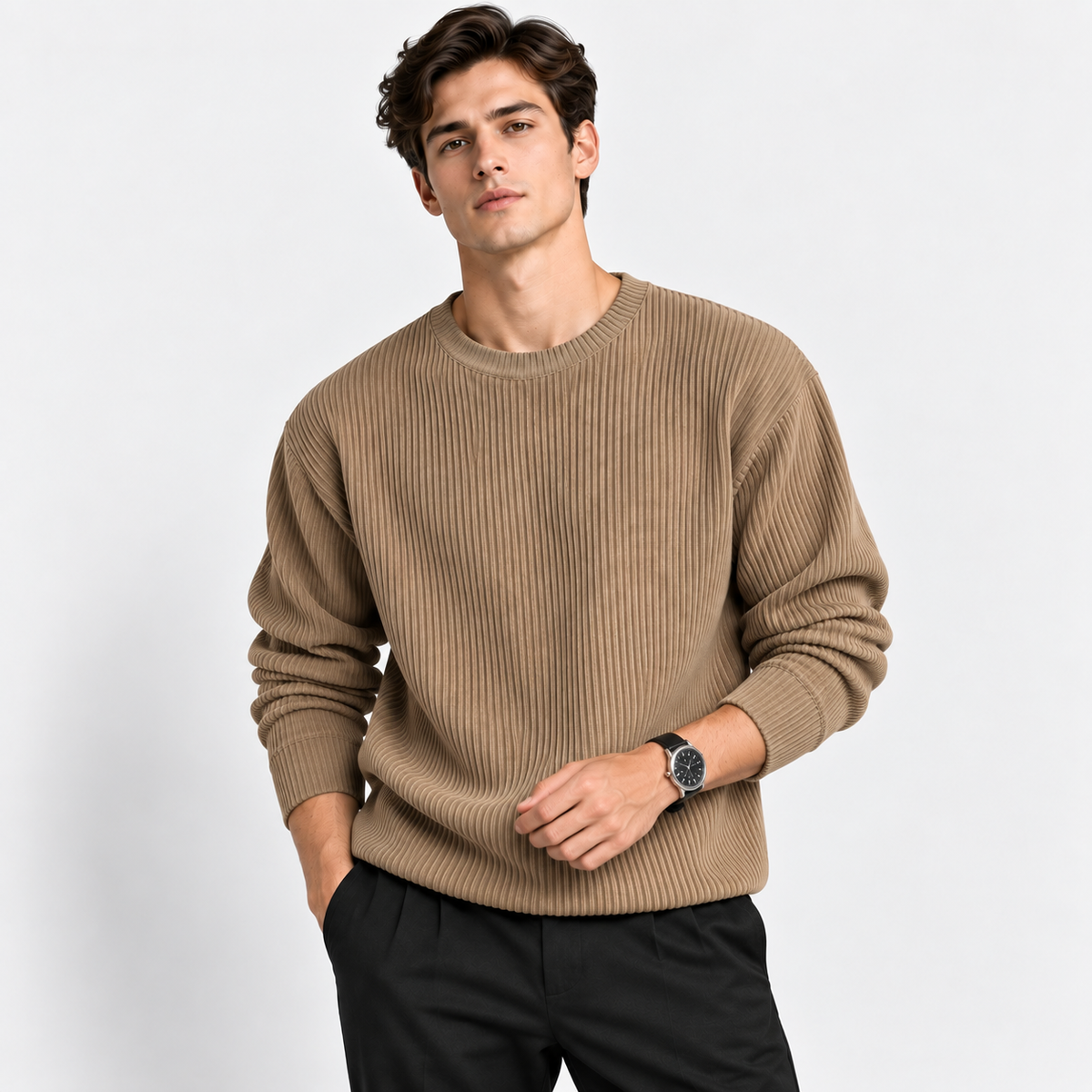 Men’s Ribbed Knit Crew Neck Pullover – Casual Long Sleeve Sweater