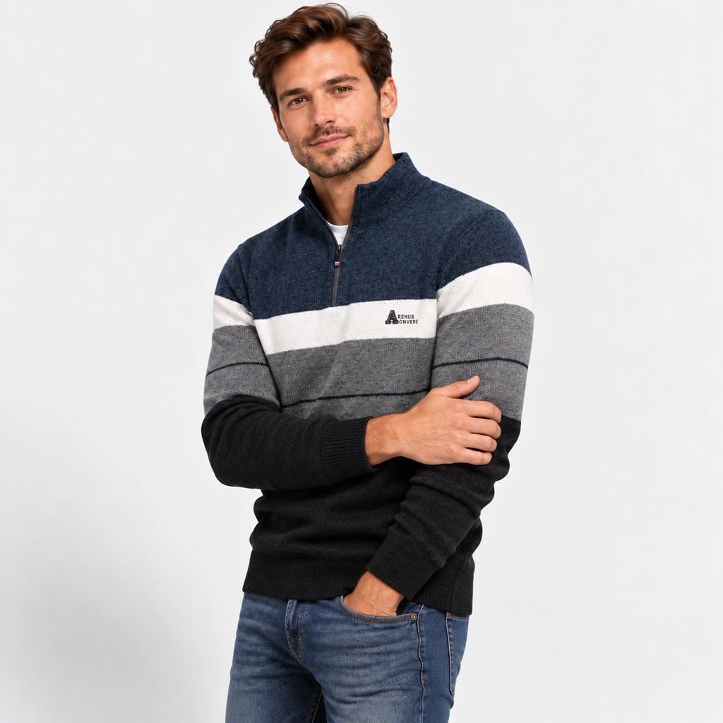 Men’s Quarter-Zip Fleece Knit Sweater – Warm Contrast Stripe Pullover