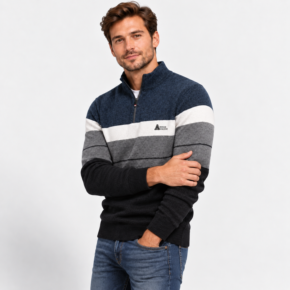 Men’s Quarter-Zip Fleece Knit Sweater – Warm Contrast Stripe Pullover