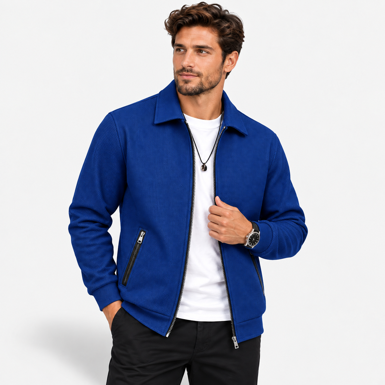 Men’s Waffle Full-Zip Jacket – Lightweight Casual Athletic Lapel Coat