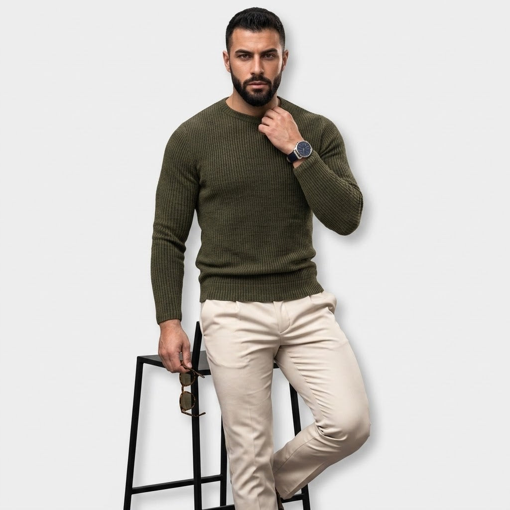 Men’s Ribbed Jacquard Knit Sweater – Casual Spring & Autumn Top