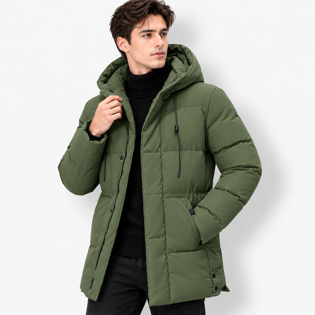 Men’s Hooded Mid-Length Jacket – Warm Zip-Up Casual Coat