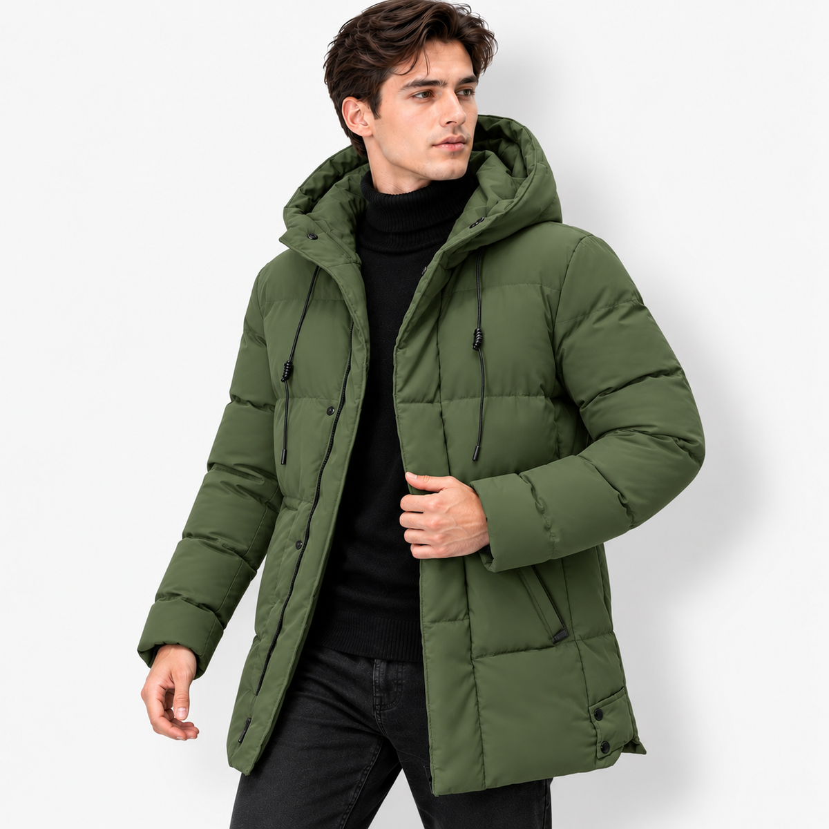 Men’s Hooded Mid-Length Jacket – Warm Zip-Up Casual Coat