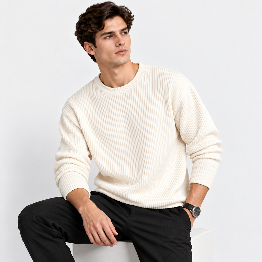 Men’s Ribbed Knit Crew Neck Pullover – Casual Long Sleeve Sweater