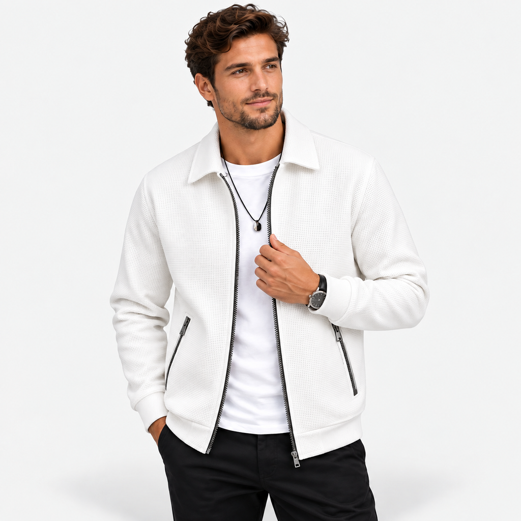 Men’s Waffle Full-Zip Jacket – Lightweight Casual Athletic Lapel Coat