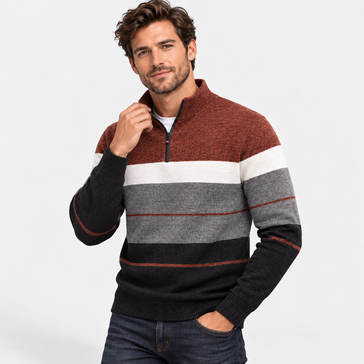 Men’s Quarter-Zip Fleece Knit Sweater – Warm Contrast Stripe Pullover