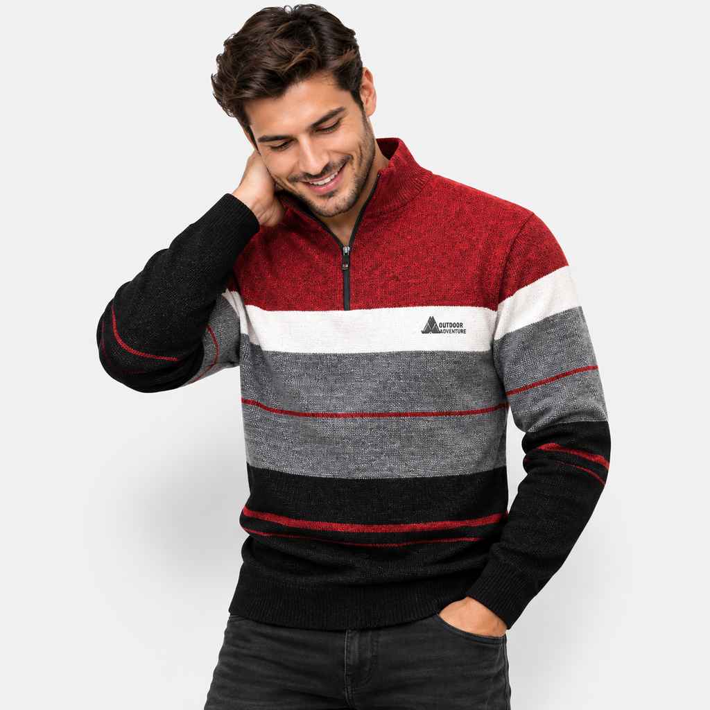 Men’s Quarter-Zip Fleece Knit Sweater – Warm Contrast Stripe Pullover