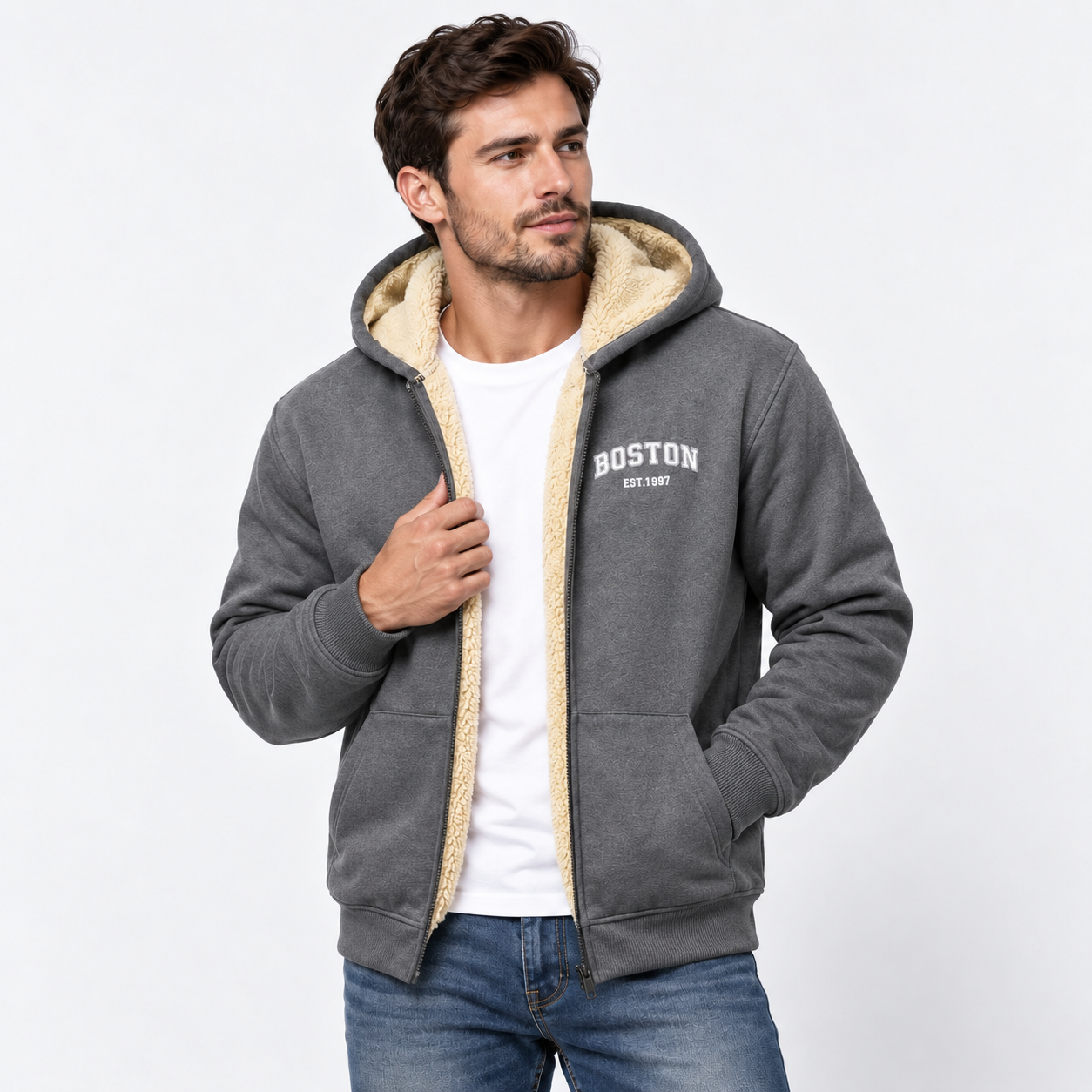 Men’s Contrast Hooded Zip-Up Jacket – Casual Letter Print Coat