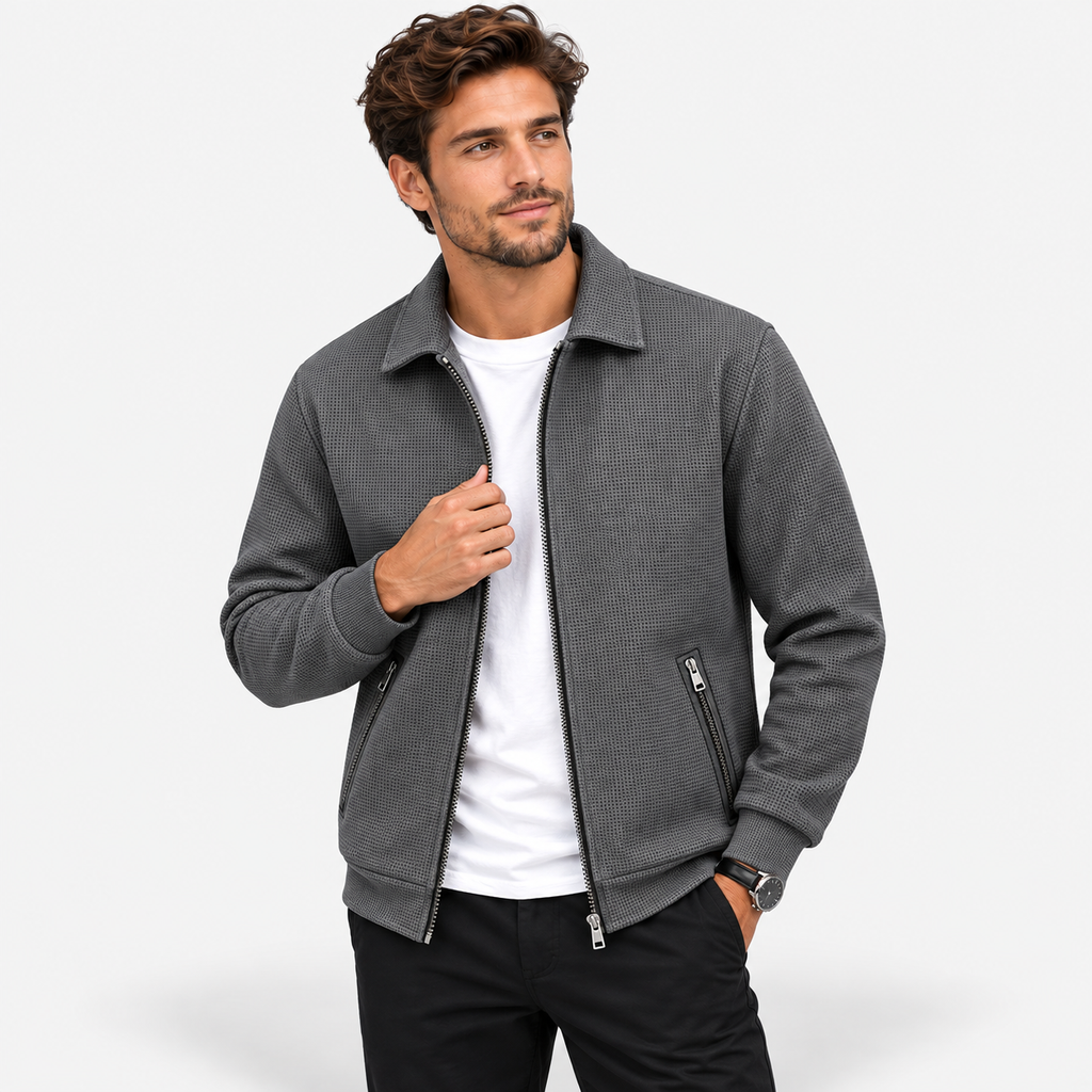 Men’s Waffle Full-Zip Jacket – Lightweight Casual Athletic Lapel Coat
