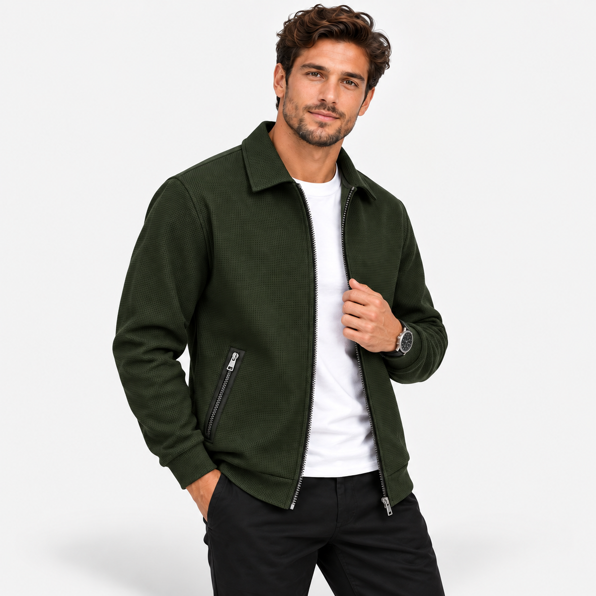Men’s Waffle Full-Zip Jacket – Lightweight Casual Athletic Lapel Coat