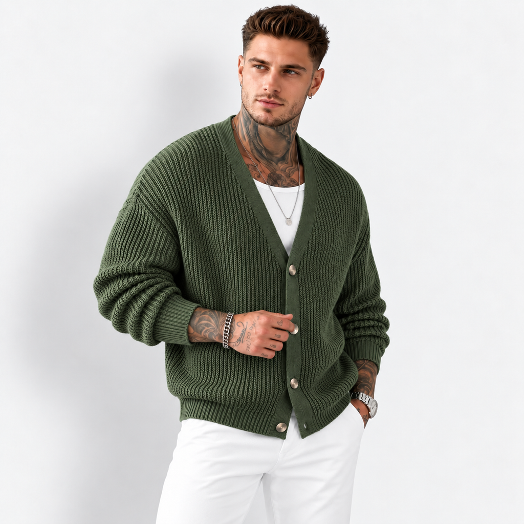 Men’s Dark Green Knit Cardigan – Casual Lapel Open-Front Fall & Winter Sweater