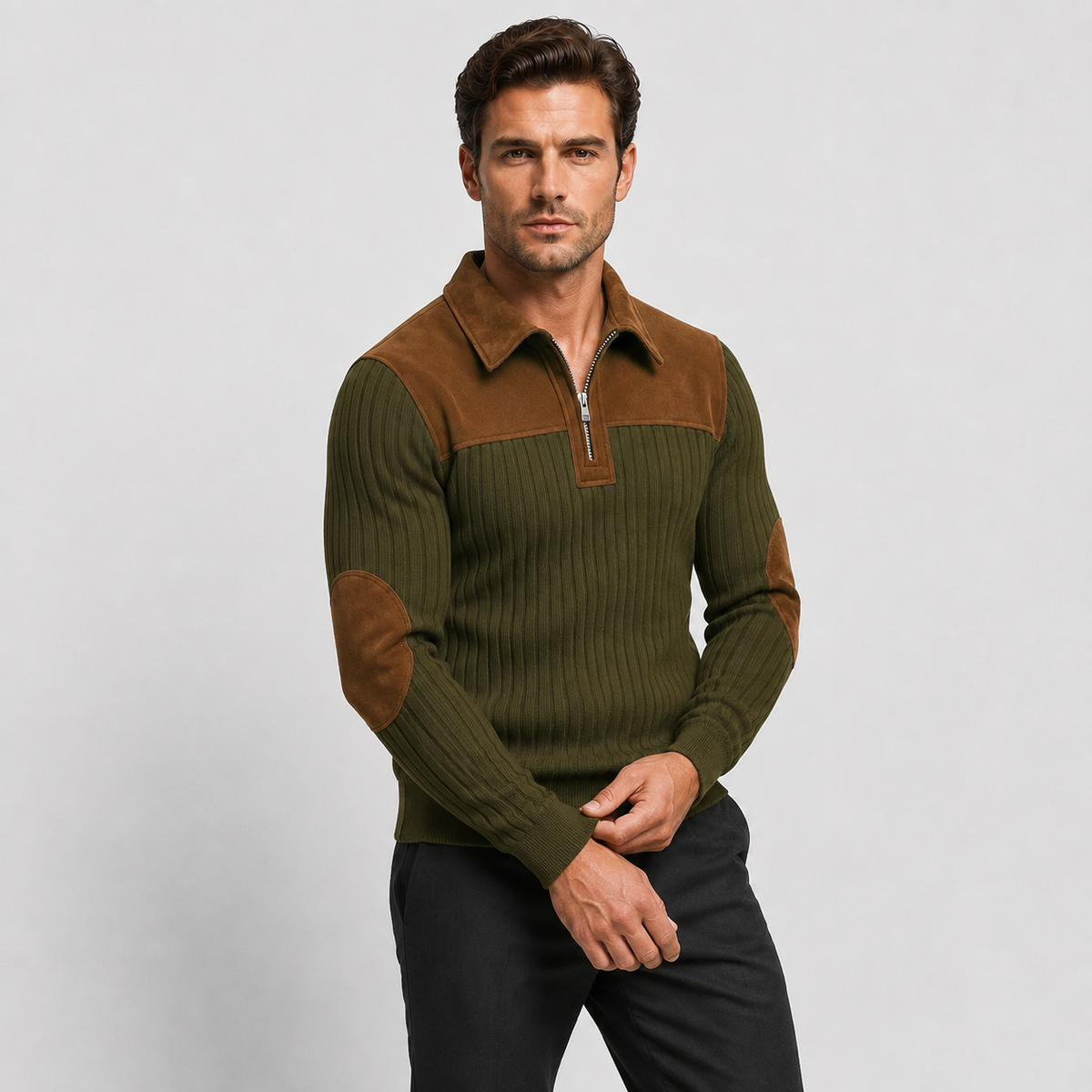 Men’s Color-Block Stand Collar Pullover – Warm Half-Zip Casual Sweater