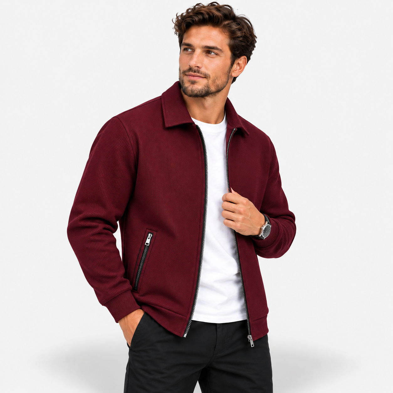 Men’s Waffle Full-Zip Jacket – Lightweight Casual Athletic Lapel Coat
