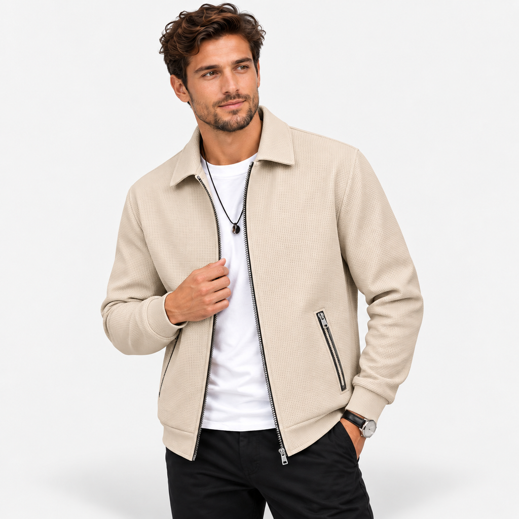 Men’s Waffle Full-Zip Jacket – Lightweight Casual Athletic Lapel Coat