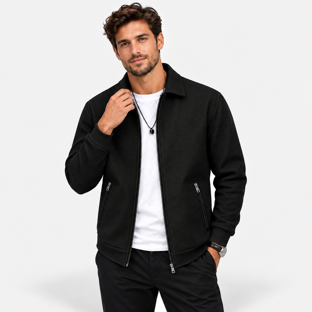 Men’s Waffle Full-Zip Jacket – Lightweight Casual Athletic Lapel Coat