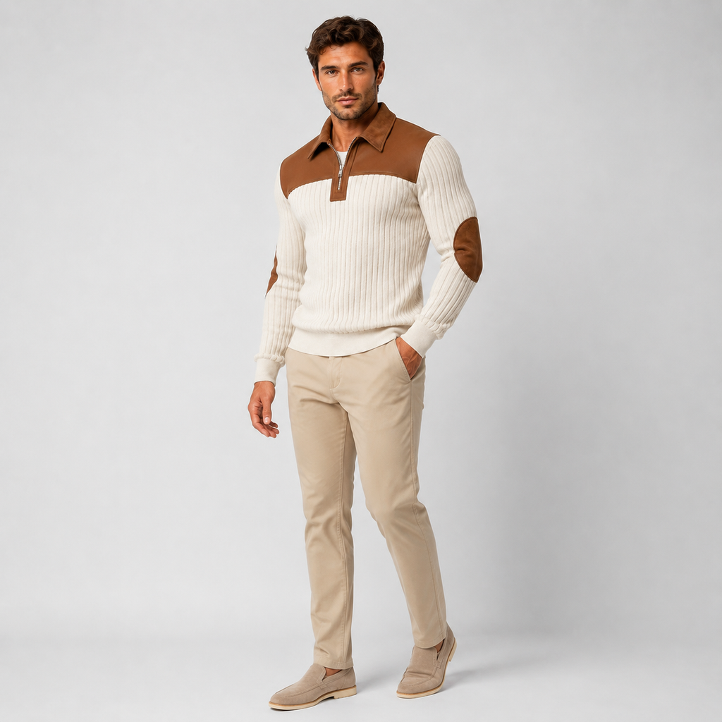 Men’s Color-Block Stand Collar Pullover – Warm Half-Zip Casual Sweater