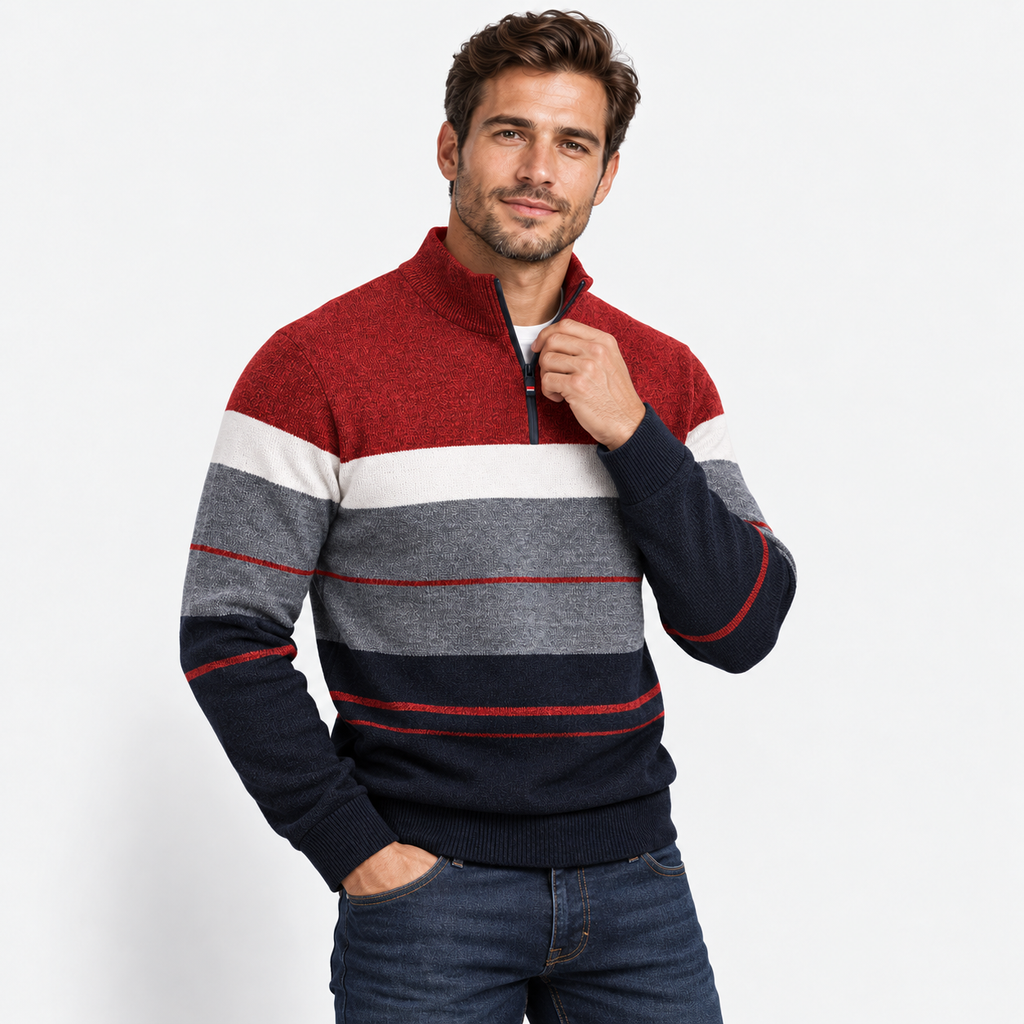 Men’s Quarter-Zip Fleece Knit Sweater – Warm Contrast Stripe Pullover