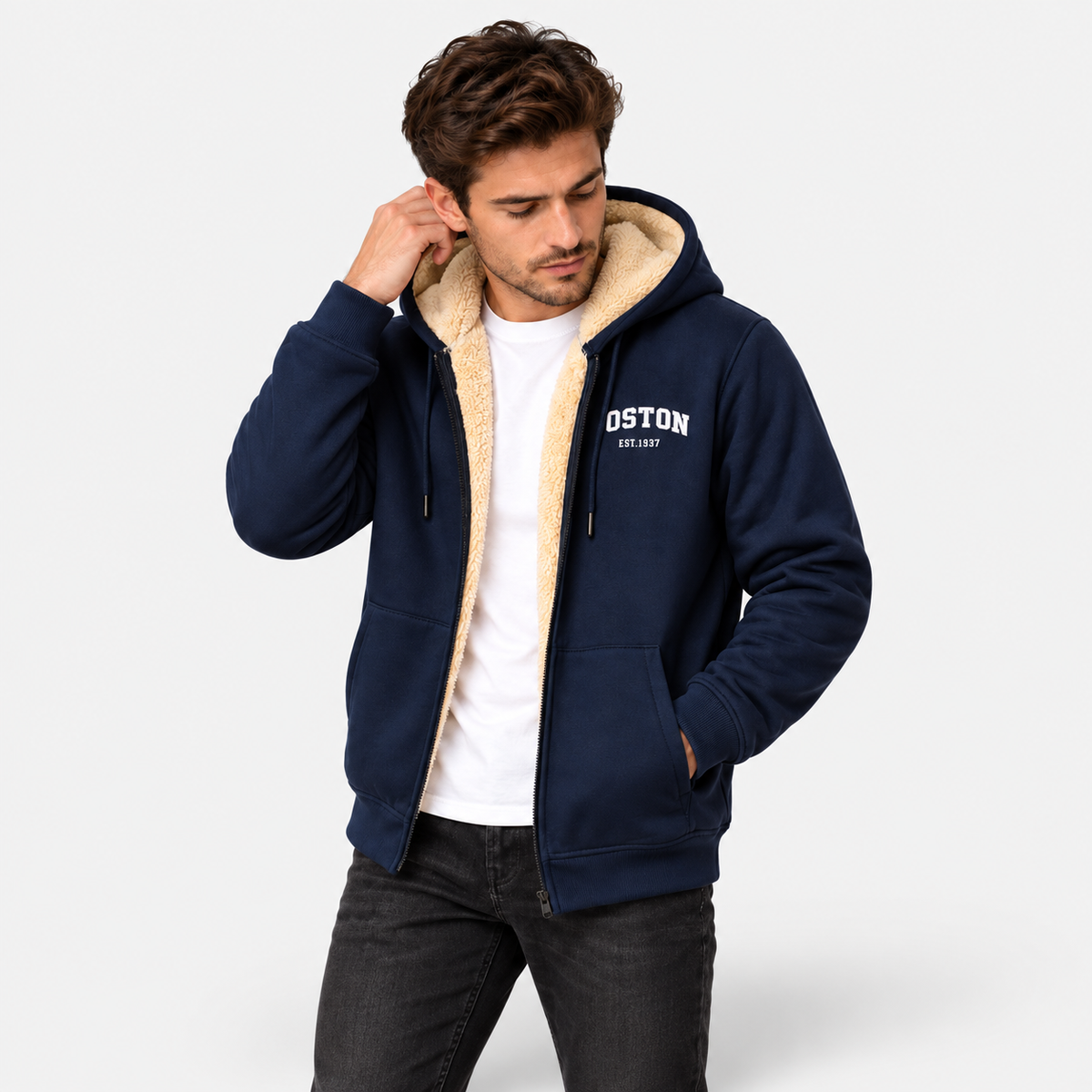 Men’s Contrast Hooded Zip-Up Jacket – Casual Letter Print Coat