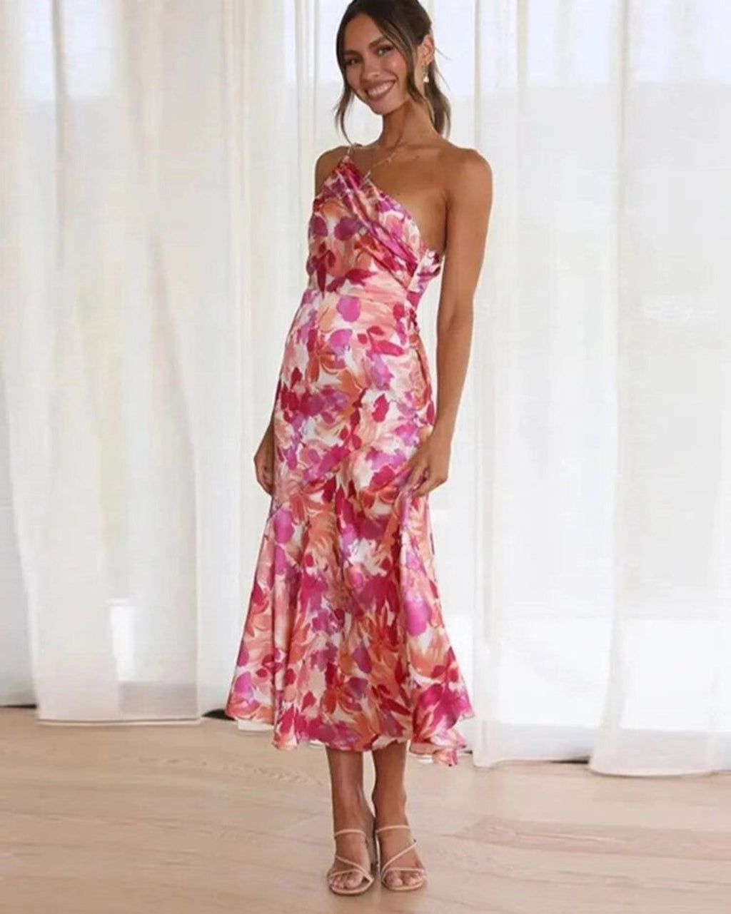 Kathy | Bloemen maxi jurk asymmetrisch één schouder