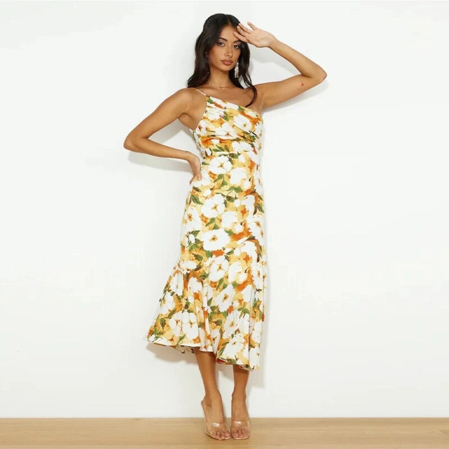 Genevieve | Bloemen asymmetrische midi jurk elegant feest
