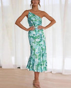 Genevieve | Bloemen asymmetrische midi jurk elegant feest