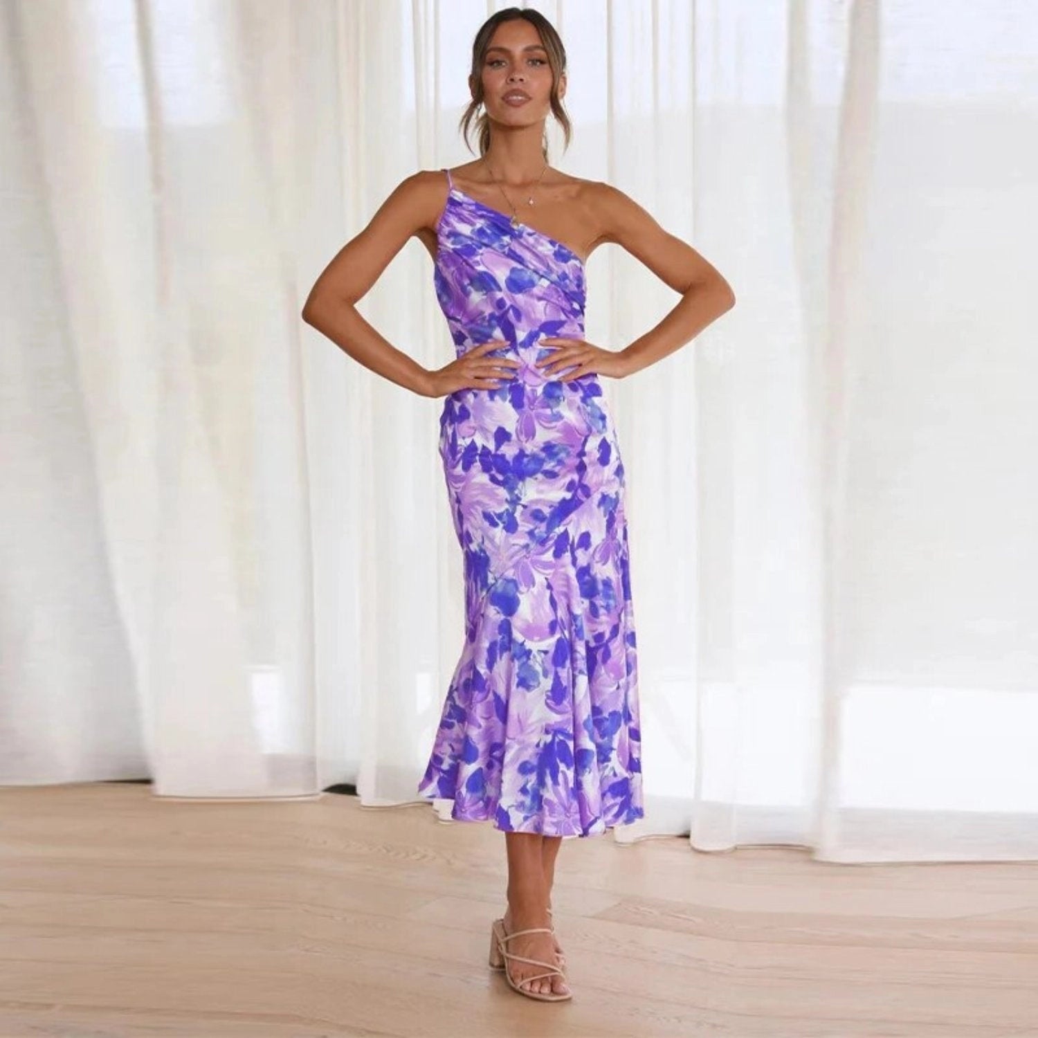 Kathy | Bloemen maxi jurk asymmetrisch één schouder
